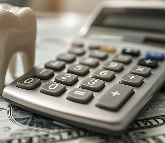 Calculator next to model tooth on top of dollar bills